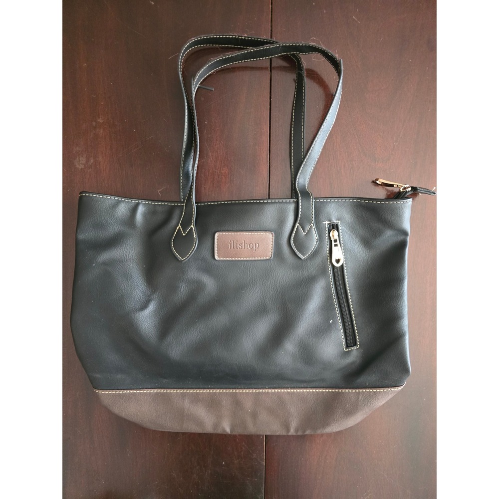Ilishop Womens Black Brown Faux Leather Tote Shoulder Bag Gold Heart Zip Pocket